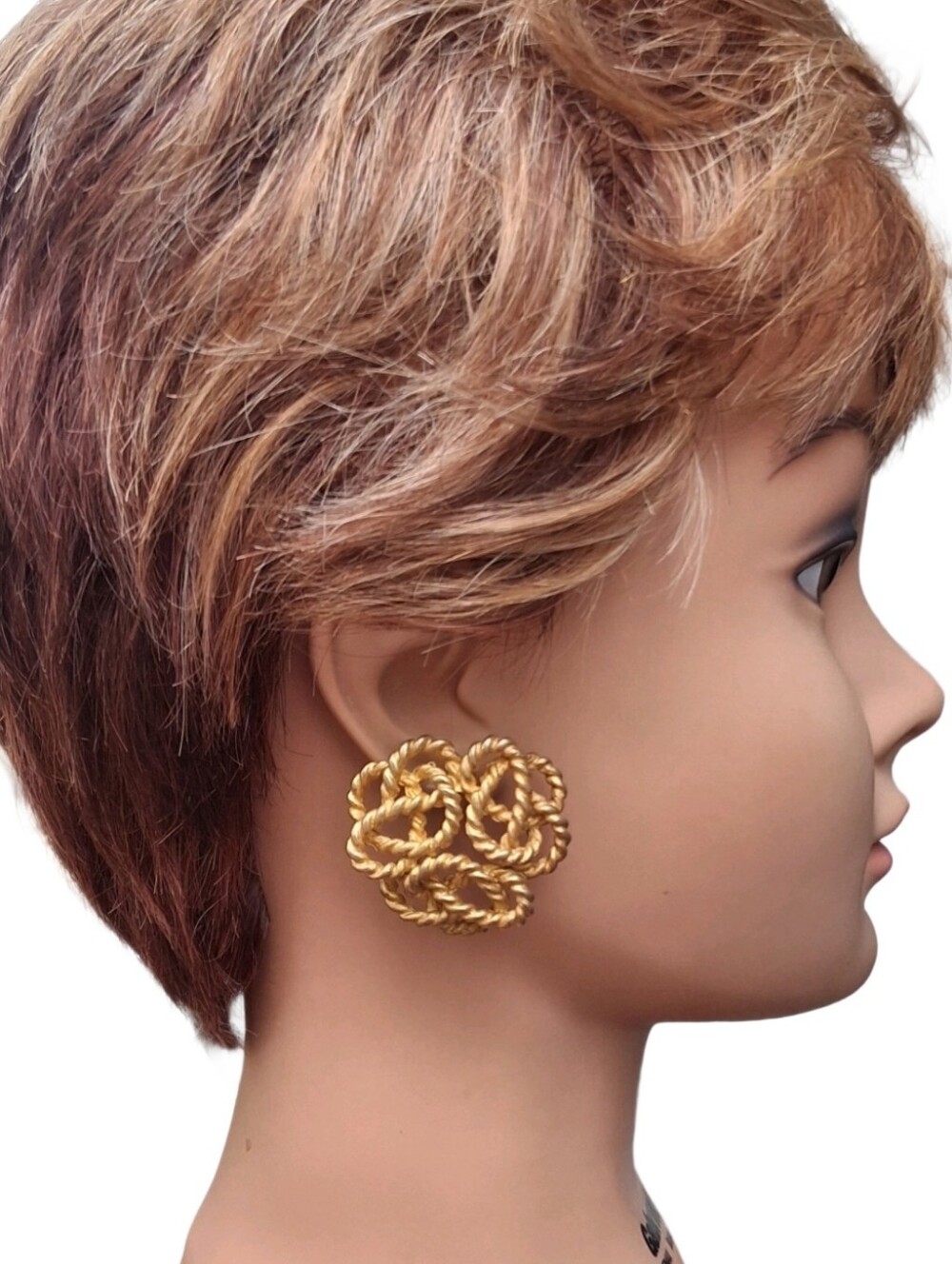 Vintage Gold Tone Twisted Rope Knot Openwork Door Knocker Stud Earrings